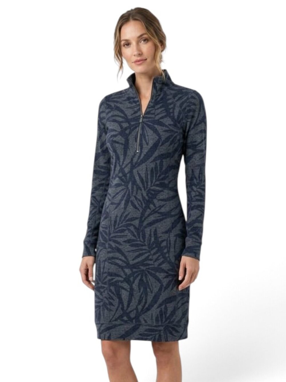 Tommy Bahama Navy Blue Charcoal Gray Palm Print French Terry Zip Neck Dress S